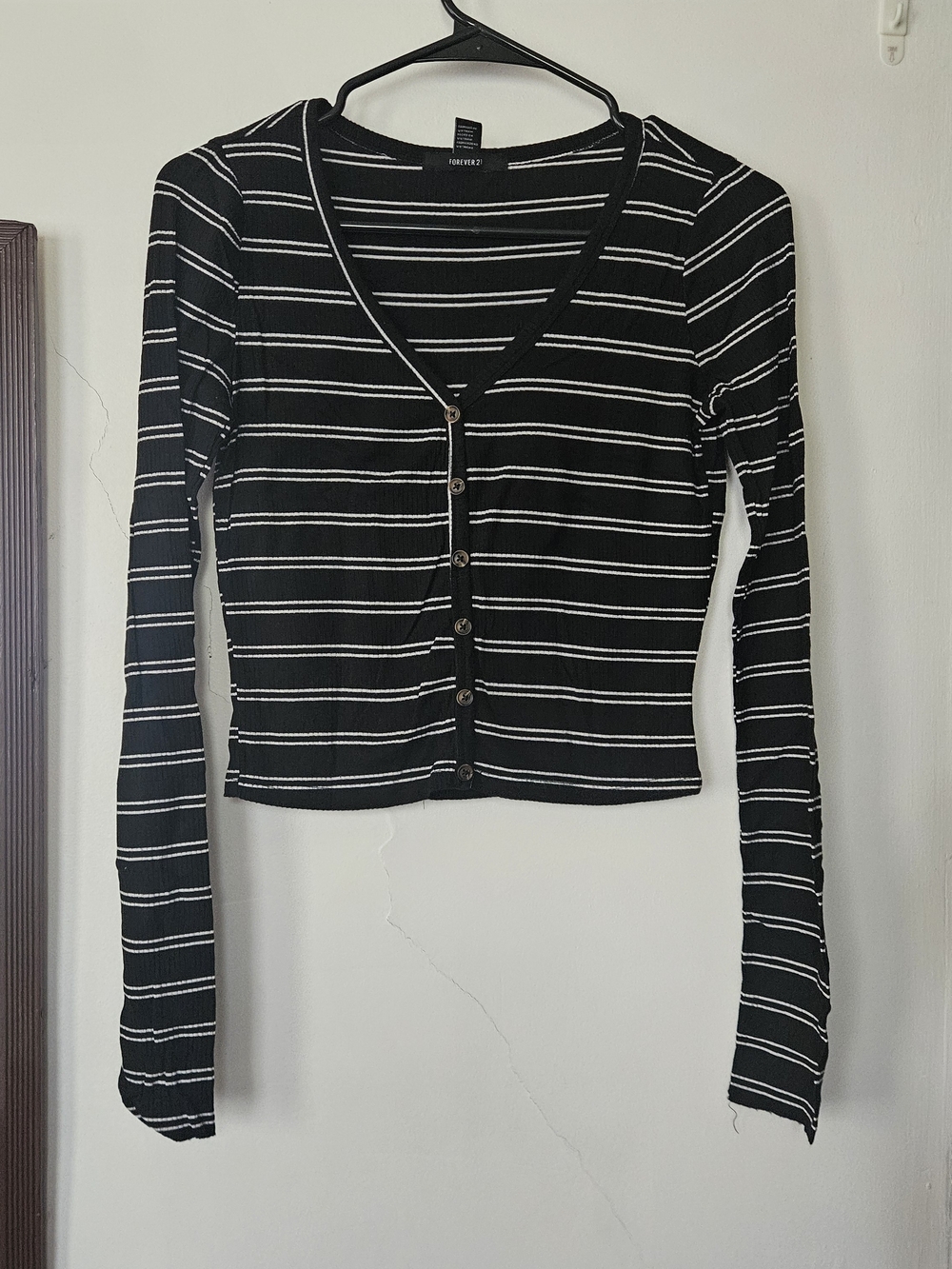 Forever 21 Black and White Striped V-Neck Button Crop Top.